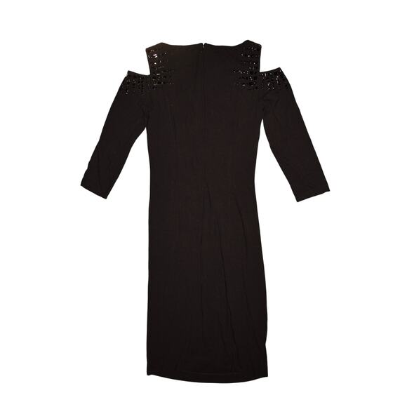 CACHE $188 Black 3/4 Sleeve Cold Shoulder Bodycon Dress Stud Accents‎ Size 4 - Picture 2 of 3